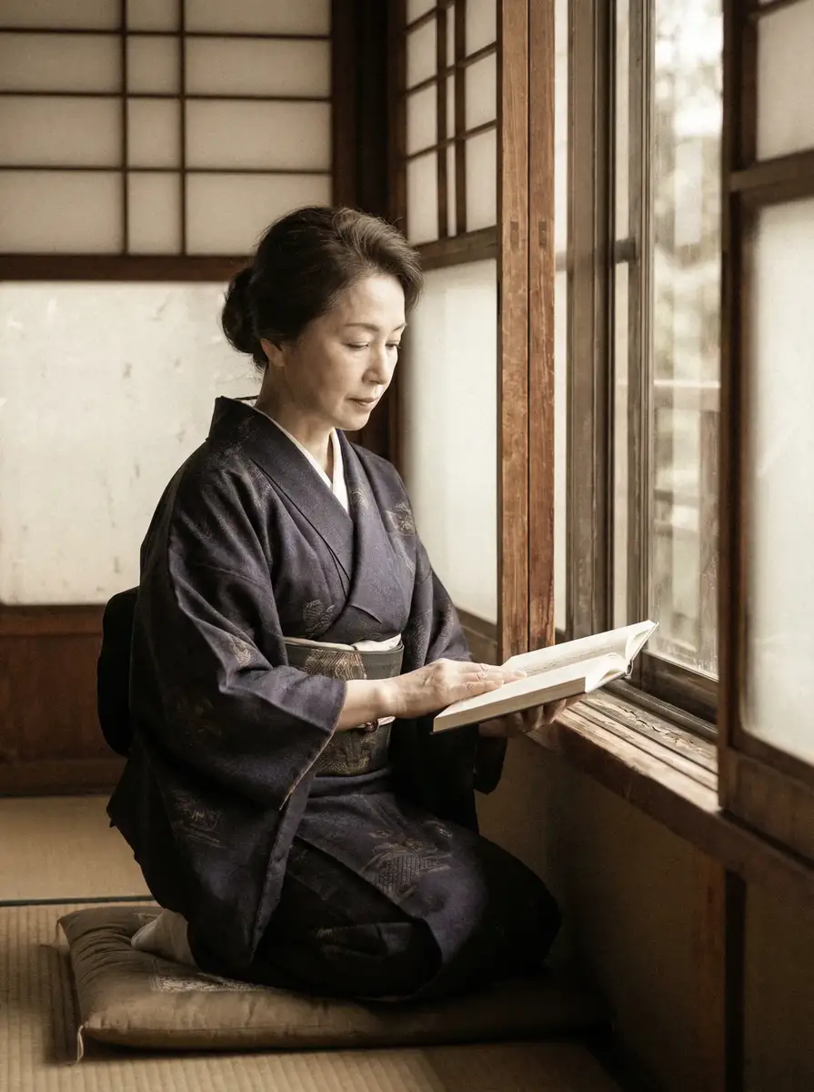 一位优雅的五十岁 财神体育官网 身穿深蓝色和服，在窗边静读