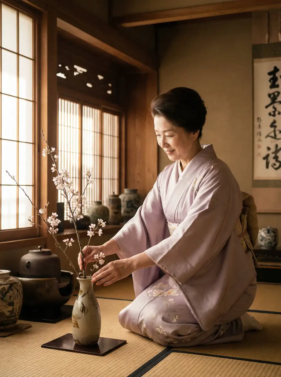 一位优雅的 财神体育官网 在和室中插花