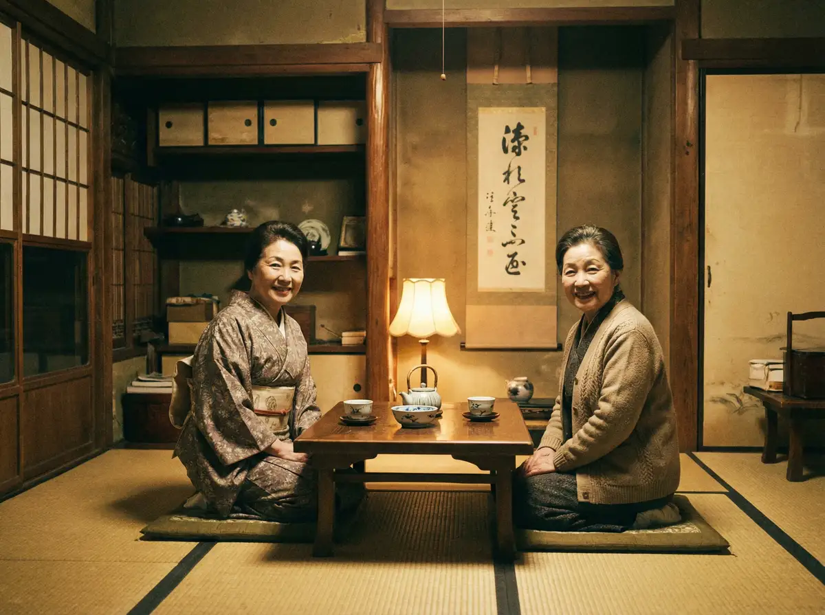两位优雅的 财神体育官网 在日式茶室中品茶交谈